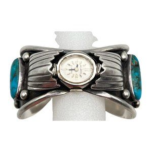 VINTAGE NATIVE AMERICAN STERLING 60.5G TURQUOISE CUFF WATCH BAND CUFF SIGNED